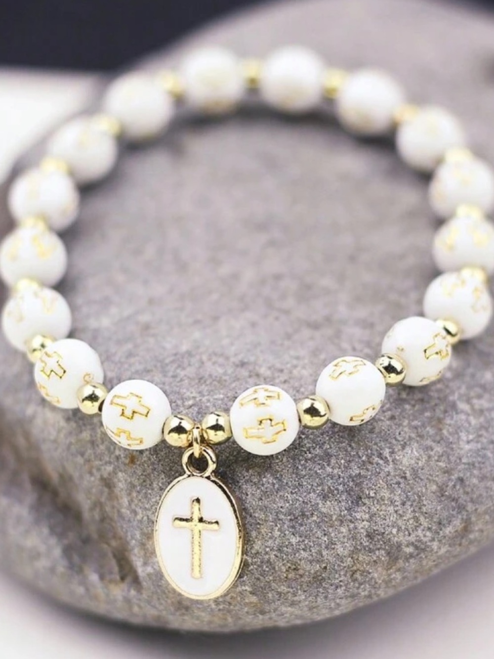 Cross Beads Elastic Stretch Beaded Bracelet Enamel Oval Cross Charm Pendant